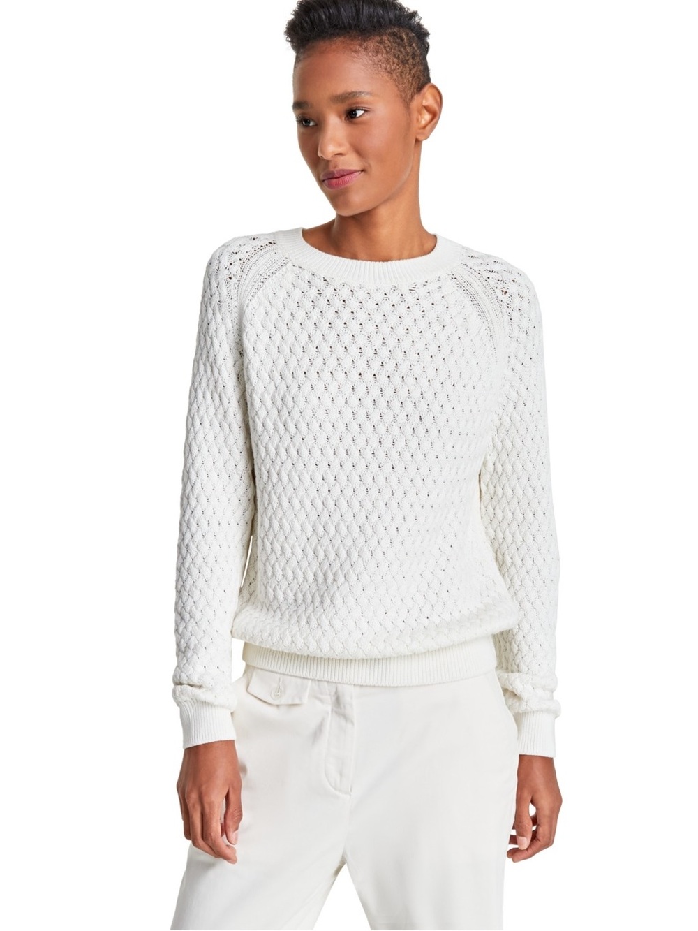 Boss Cream Open-Stitch Crewneck Sweater